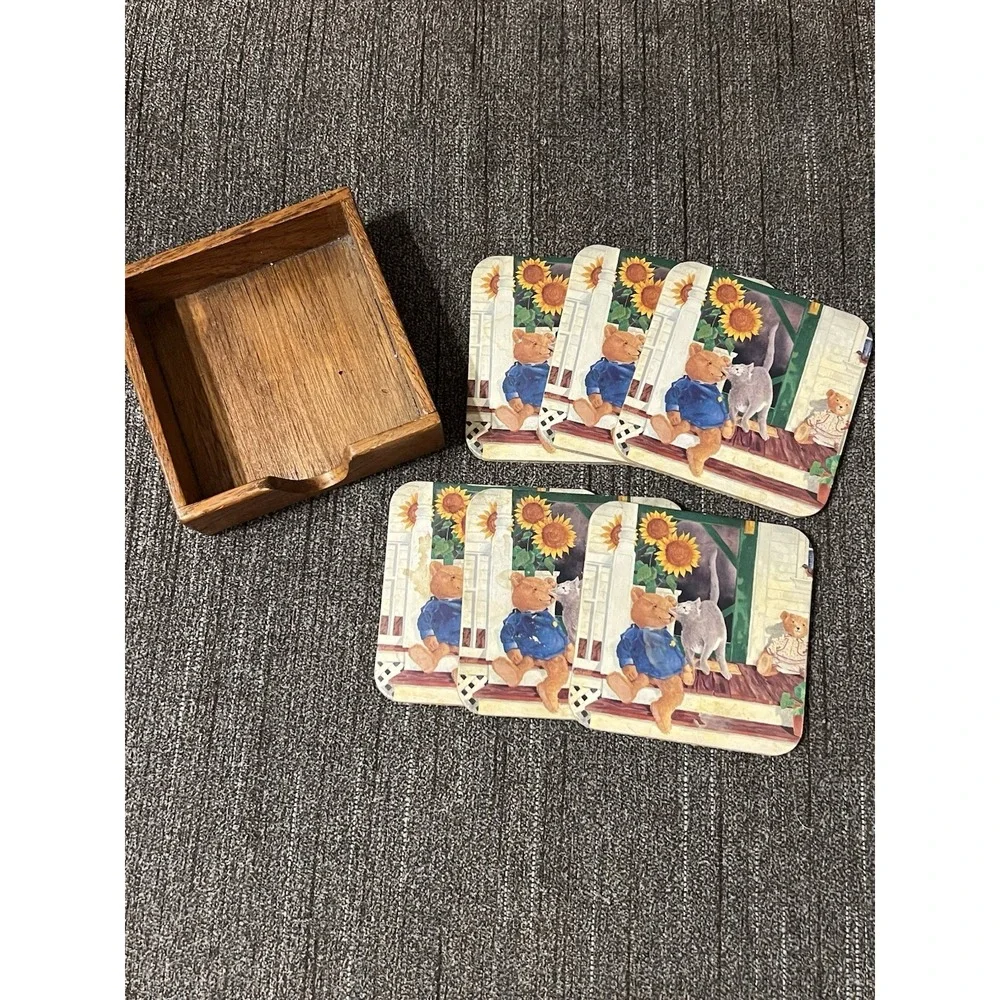 Vintage Set 6 Coasters Teddy Bears Cat Sunflowers Cottage‎ Core w/ Wood Box